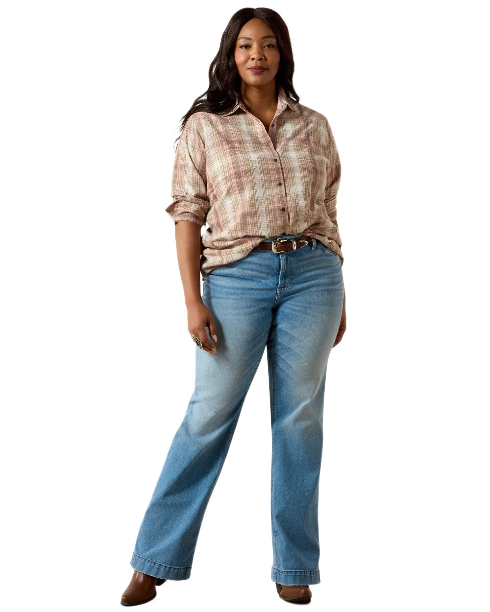 White Pepper Coral Plaid Coloured Ariat Womens Real Billie Jean Shirt on white background