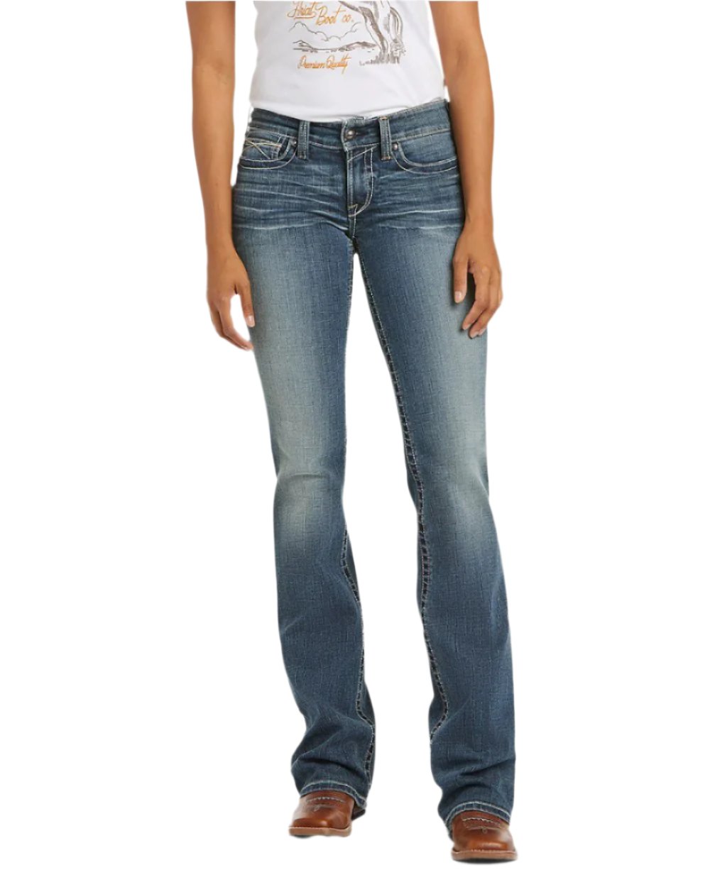 Rainstorm Coloured Ariat Womens Real Mid Rise Stretch Whipstitch Boot Cut Jeans on white background