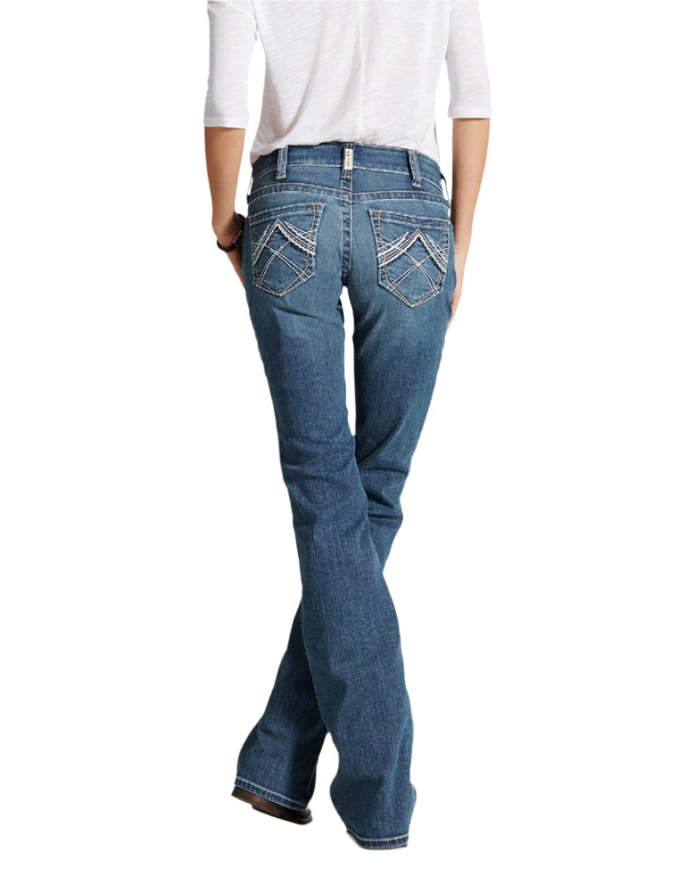 Rainstorm Coloured Ariat Womens Real Mid Rise Stretch Whipstitch Boot Cut Jeans on white background