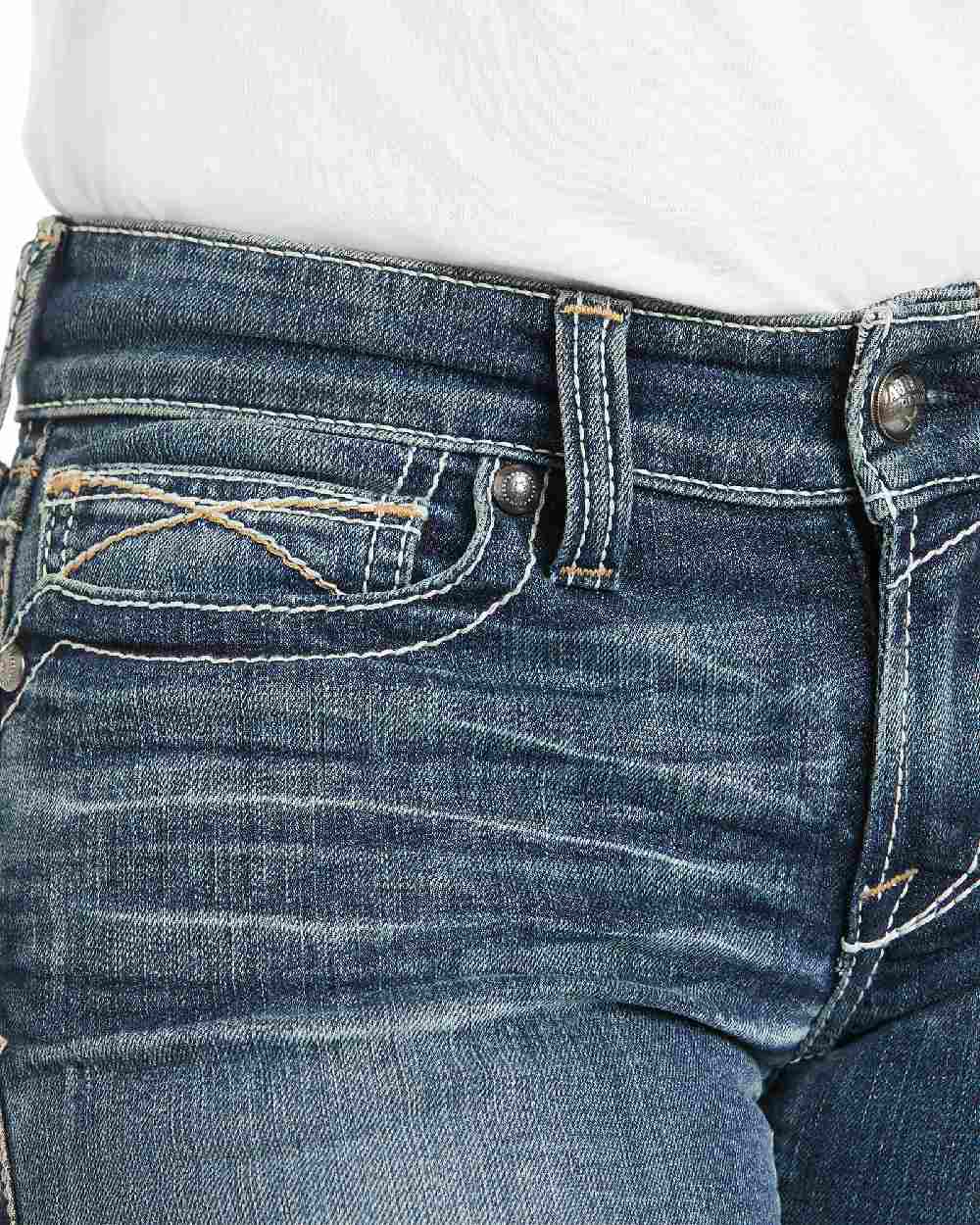 Rainstorm Coloured Ariat Womens Real Mid Rise Stretch Whipstitch Boot Cut Jeans on white background