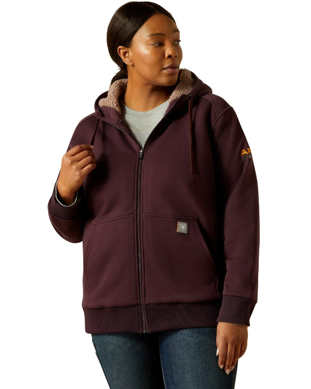 Fudge Coloured Ariat Womens Rebar All-Weather Sherpa Full Zip Hoodie on white background