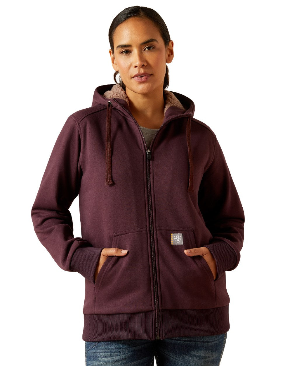 Fudge Coloured Ariat Womens Rebar All-Weather Sherpa Full Zip Hoodie on white background