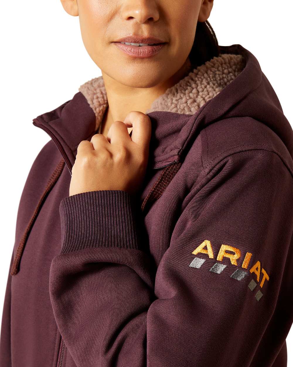 Fudge Coloured Ariat Womens Rebar All-Weather Sherpa Full Zip Hoodie on white background