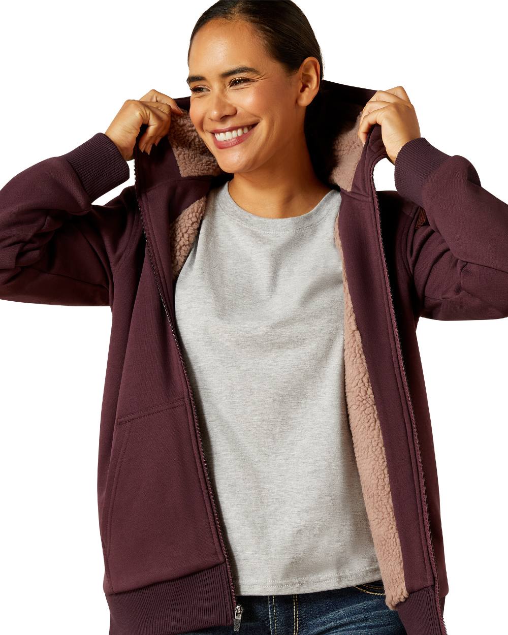 Fudge Coloured Ariat Womens Rebar All-Weather Sherpa Full Zip Hoodie on white background