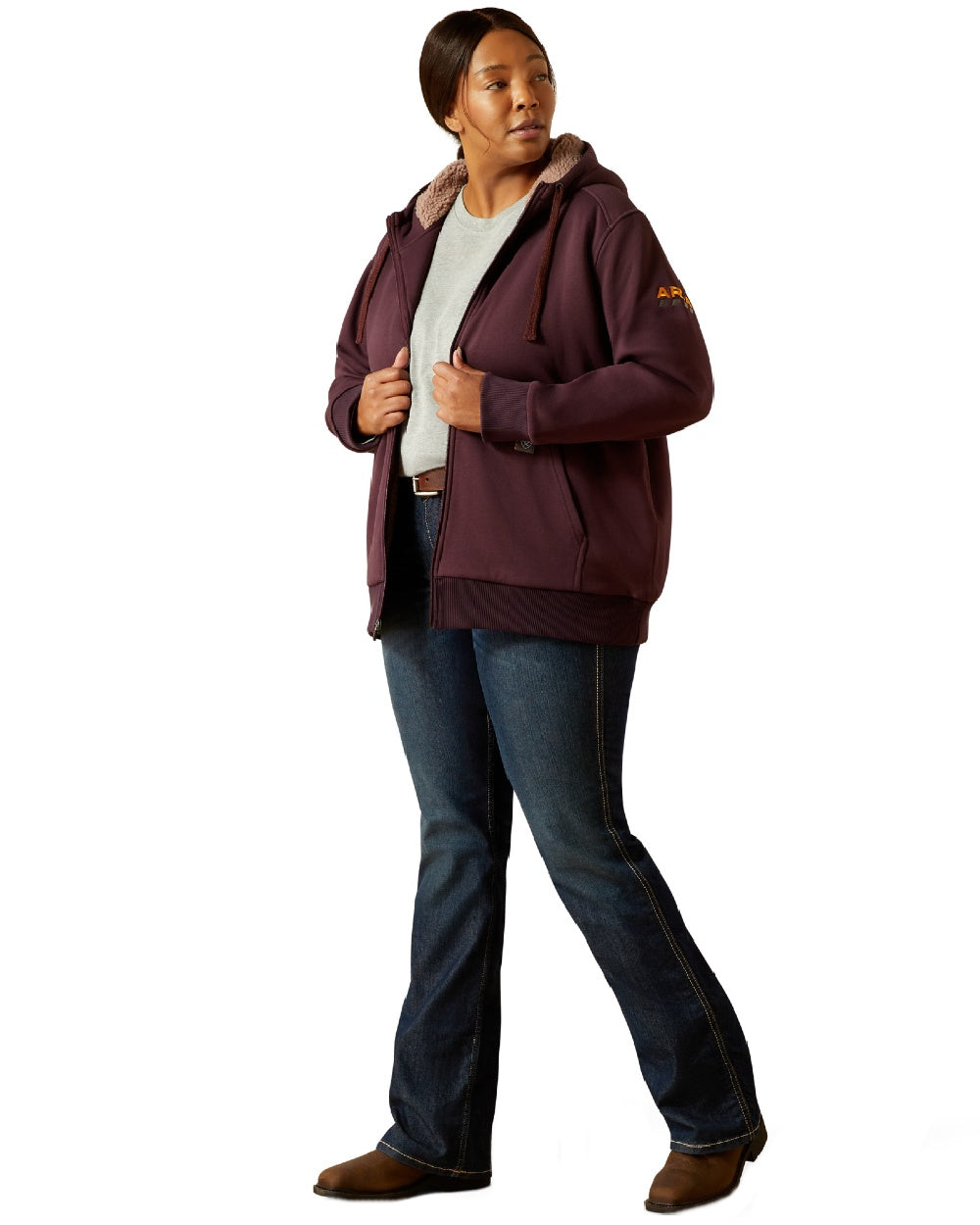 Fudge Coloured Ariat Womens Rebar All-Weather Sherpa Full Zip Hoodie on white background
