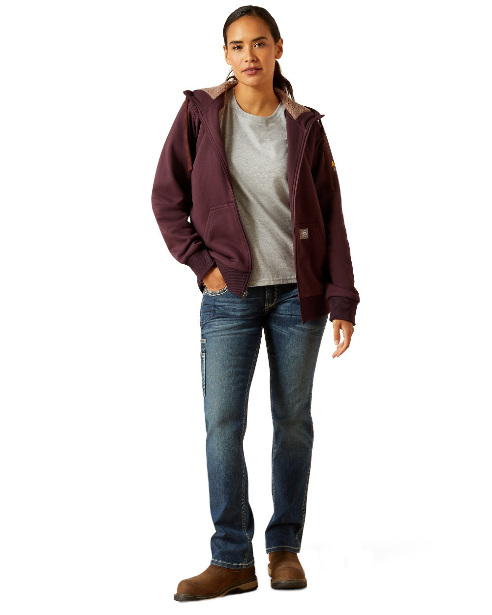 Fudge Coloured Ariat Womens Rebar All-Weather Sherpa Full Zip Hoodie on white background