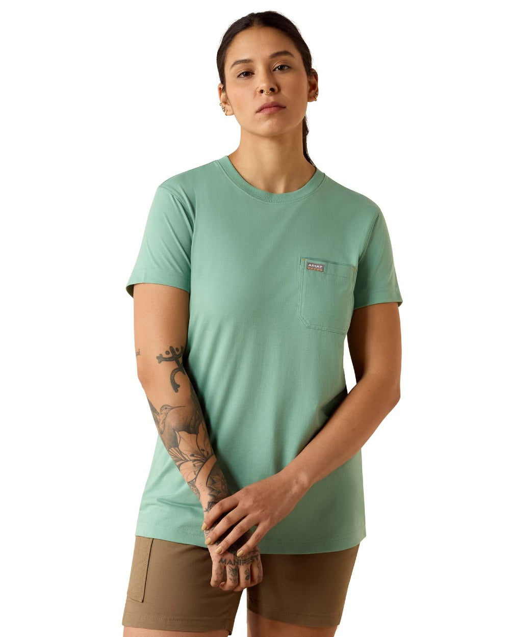 Malachite Green coloured Ariat Womens Rebar Workman Field Dog Classic Fit T-Shirt on white background