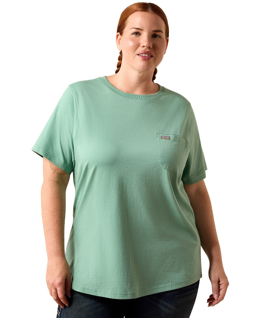 Malachite Green coloured Ariat Womens Rebar Workman Field Dog Classic Fit T-Shirt on white background