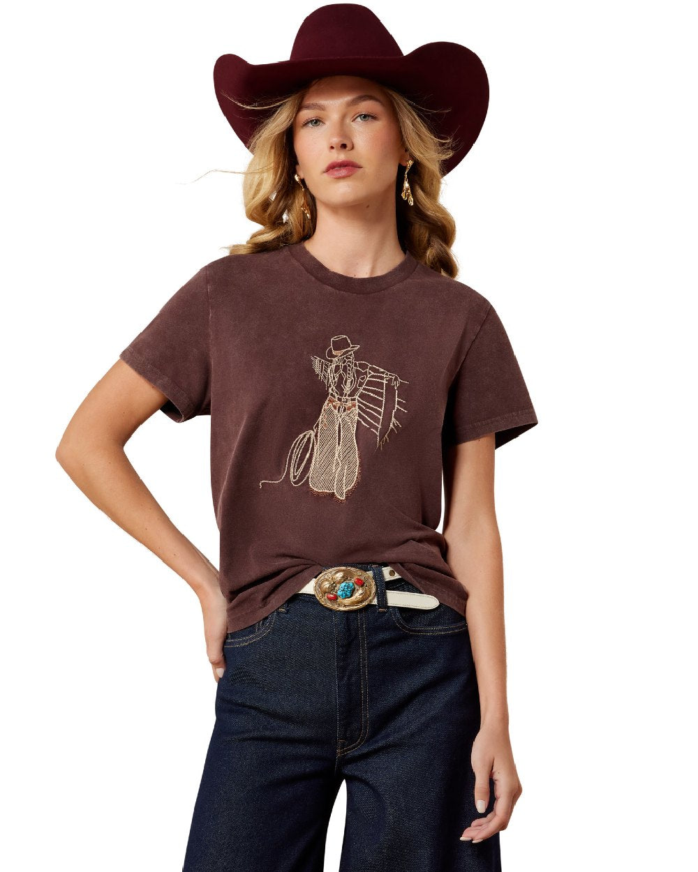Chocolate Plum coloured Ariat Womens Rebel With A Cause T Shirt on white background