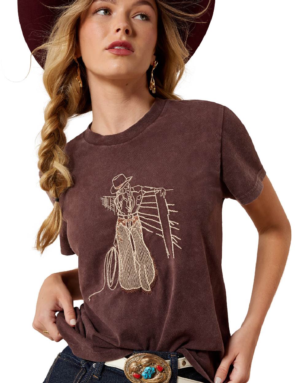 Chocolate Plum coloured Ariat Womens Rebel With A Cause T Shirt on white background
