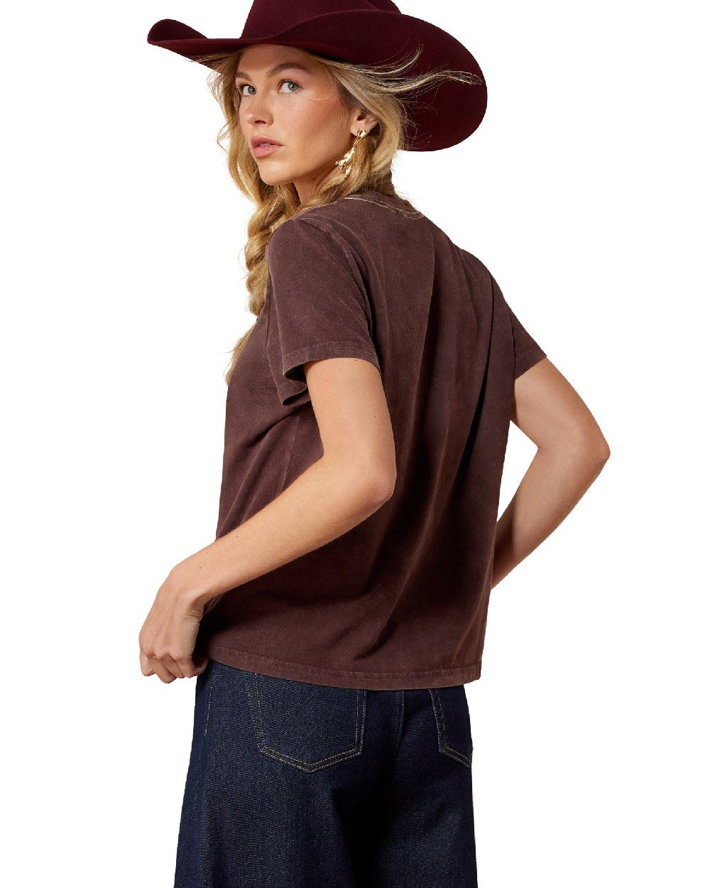 Chocolate Plum coloured Ariat Womens Rebel With A Cause T Shirt on white background