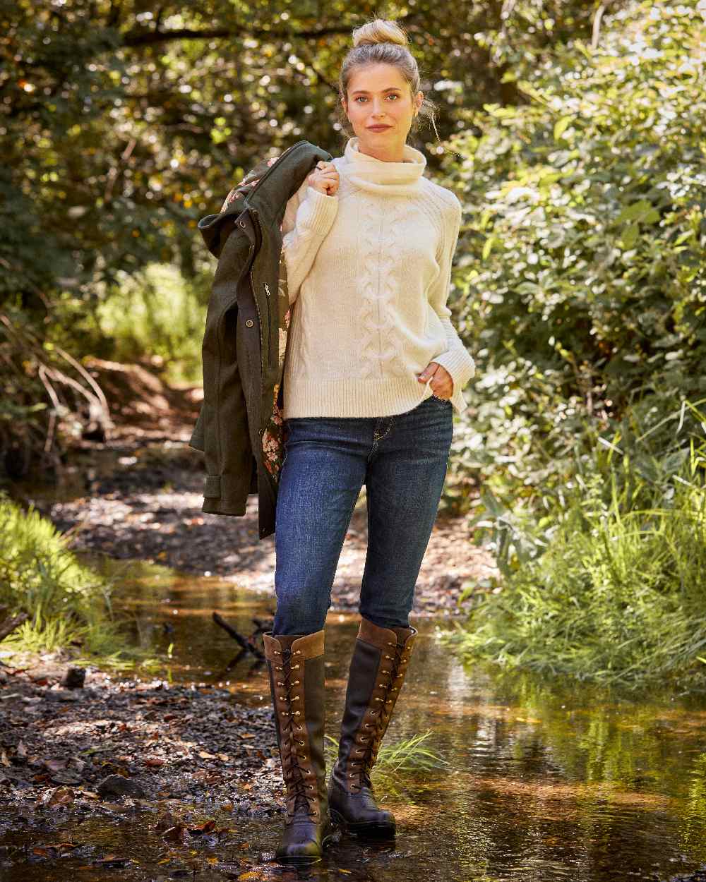 Rosin coloured Ariat Womens Rhodium Waterproof Insulated Parka on forest background