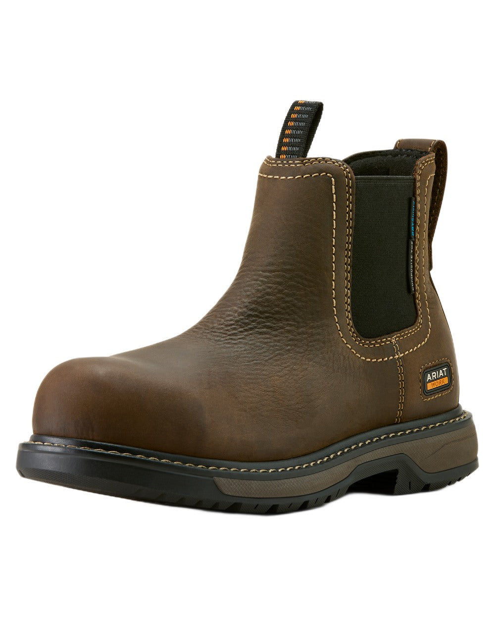 Dark Brown coloured Ariat Womens Riveter Chelsea Waterproof Composite Toe Work Boots on white background