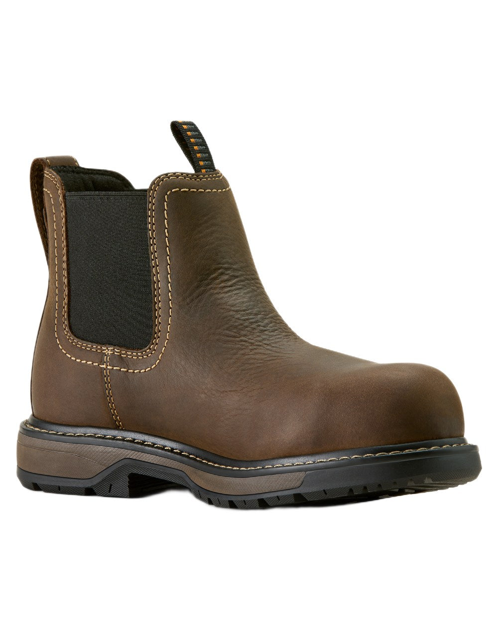 Dark Brown coloured Ariat Womens Riveter Chelsea Waterproof Composite Toe Work Boots on white background