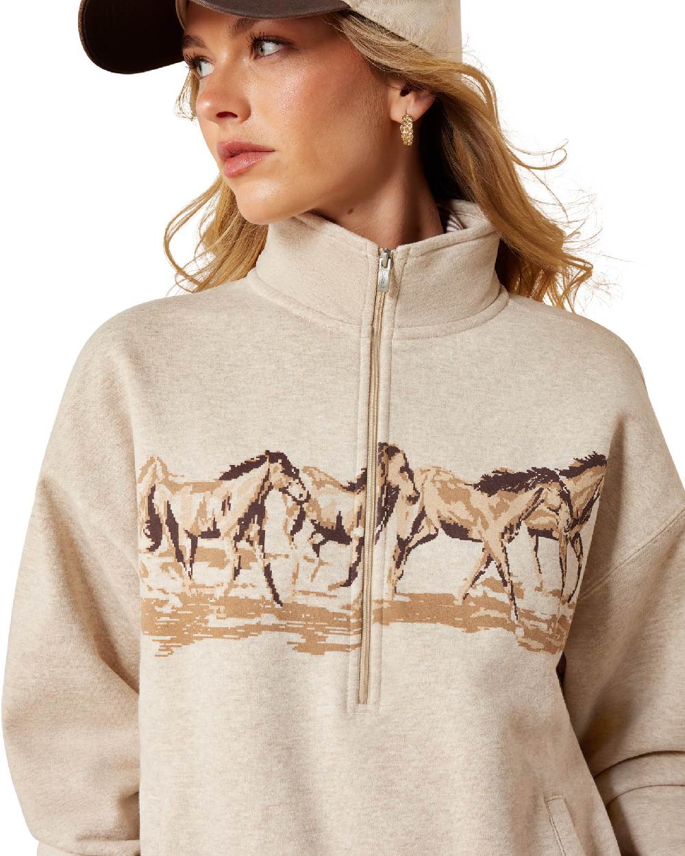 Tan Coloured Ariat Womens Running Wild Half Zip Sweatshirt on White Background
