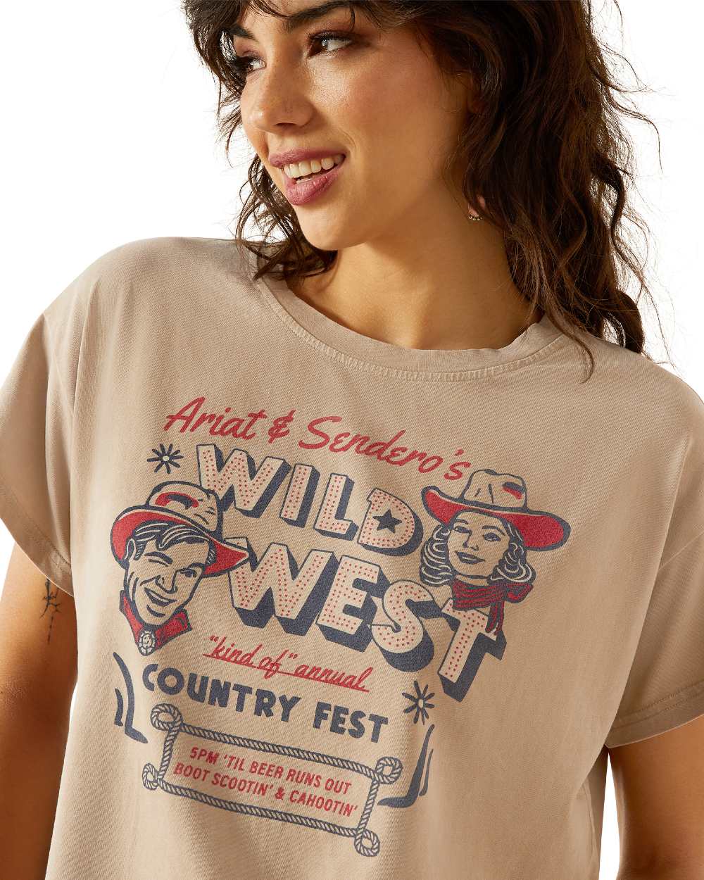 Savannah Tan Mineral Wash Coloured Ariat Womens Sendero Wild West Country Fest T-Shirt on white background