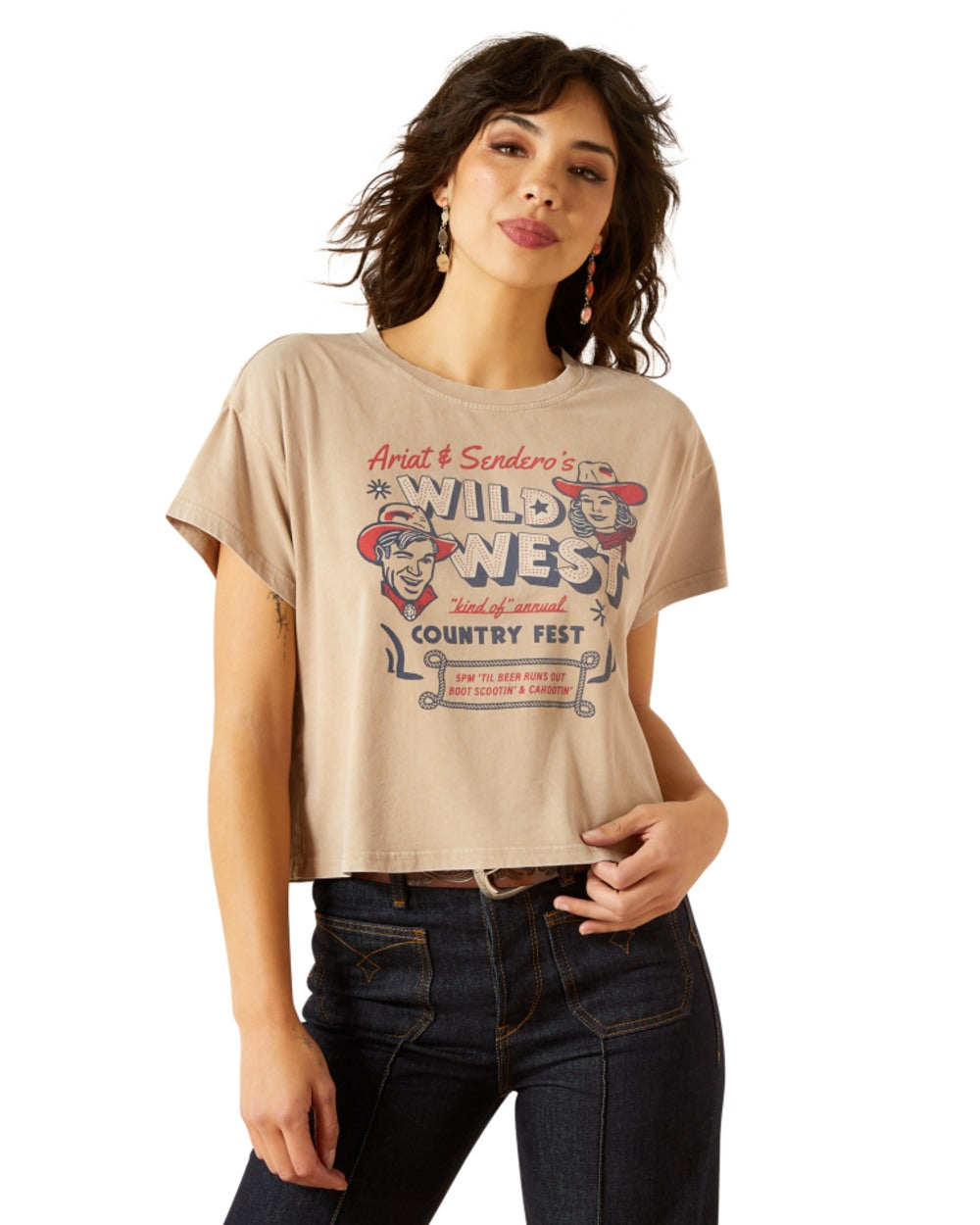 Savannah Tan Mineral Wash Coloured Ariat Womens Sendero Wild West Country Fest T-Shirt on white background