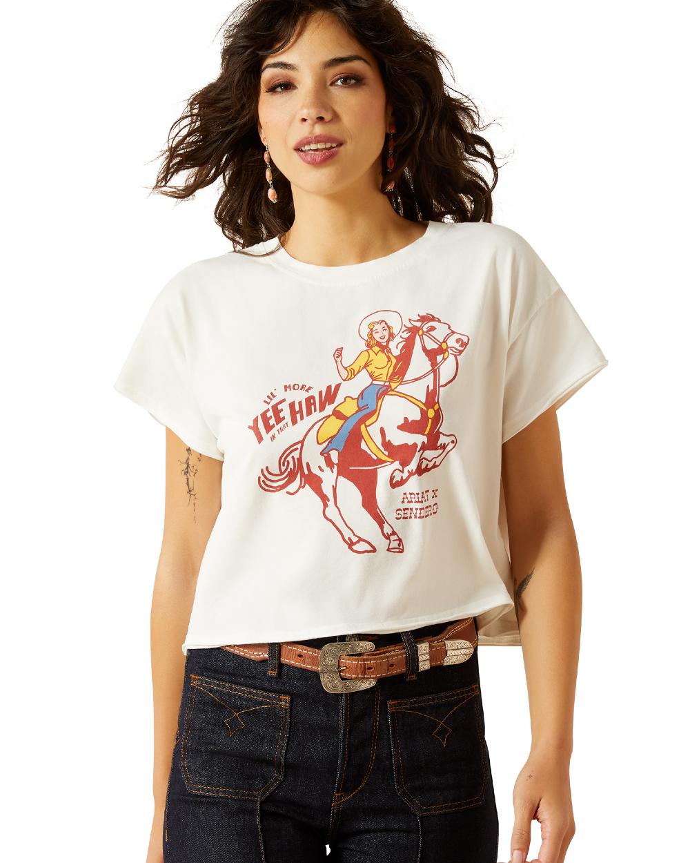 White Coloured Ariat Womens Sendero Yeehaw Short Sleeve T-Shirt on white background
