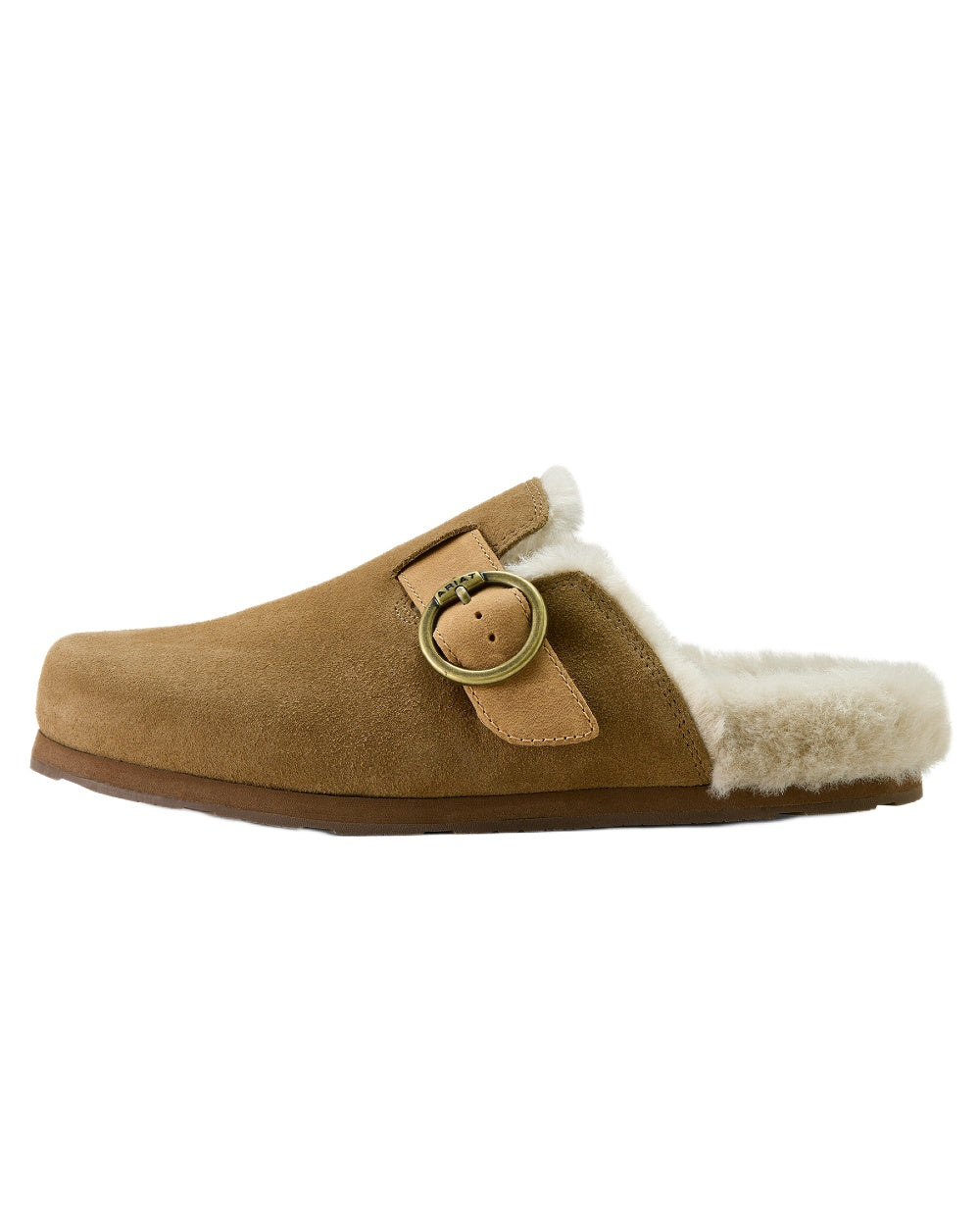 Ranch Brown Suede coloured Ariat Womens Sherpa Country Mules on white background