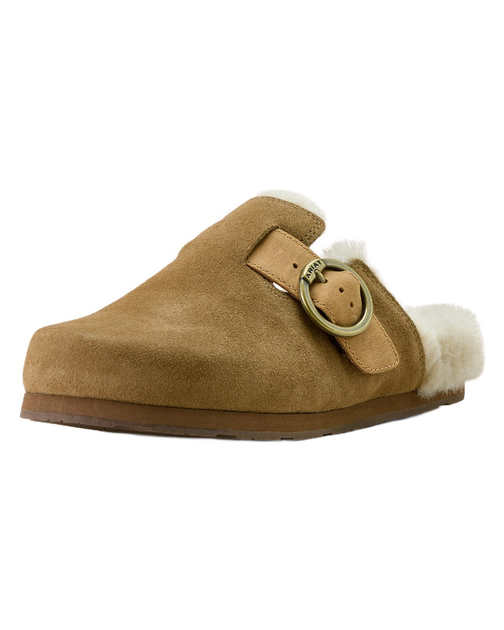 Ranch Brown Suede coloured Ariat Womens Sherpa Country Mules on white background