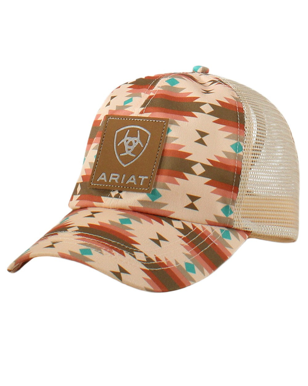 Pink coloured Ariat Womens Southwest Print Logo Patch Cap on white background