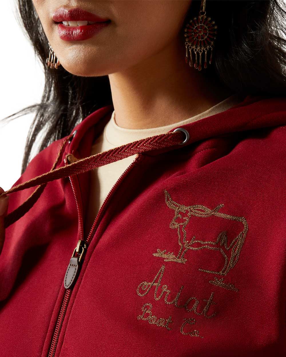 Biking Red Coloured Ariat Womens Stitched Full Zip Hoodie on white background