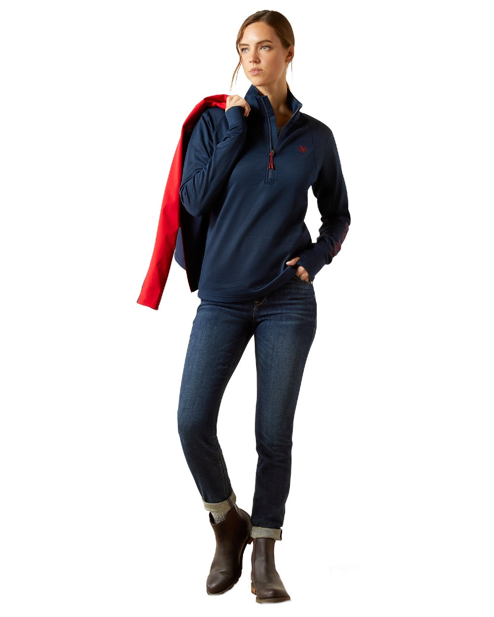 Navy Coloured Ariat Womens Team EQ Half Zip Pullover on white background