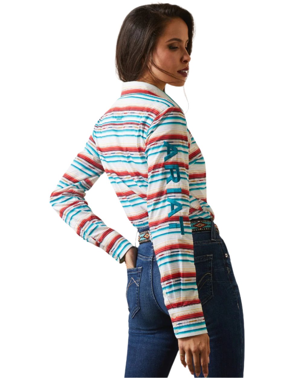 Rosa Serape coloured Ariat Womens Team Kirby Stretch Shirt on white background