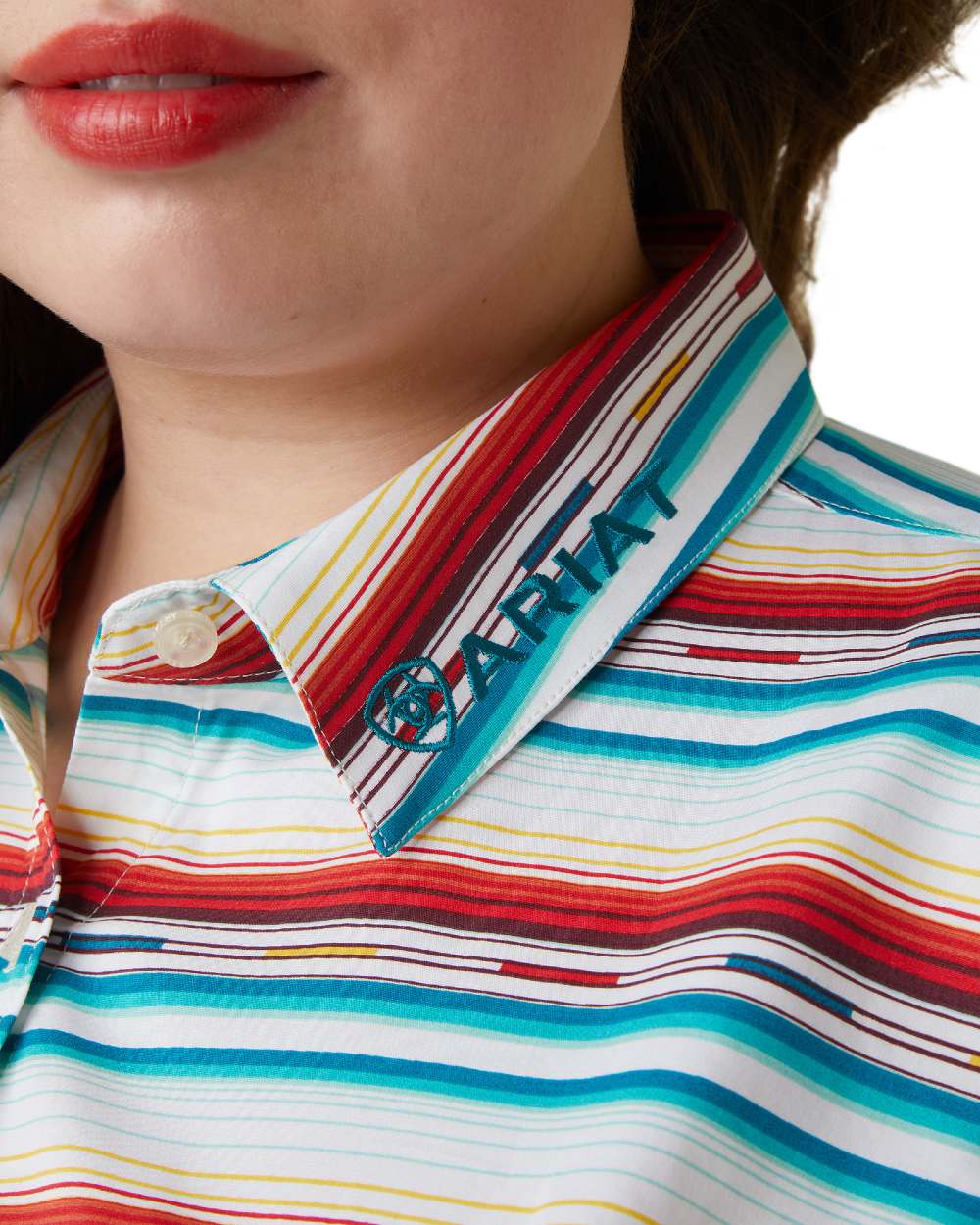 Rosa Serape coloured Ariat Womens Team Kirby Stretch Shirt on white background