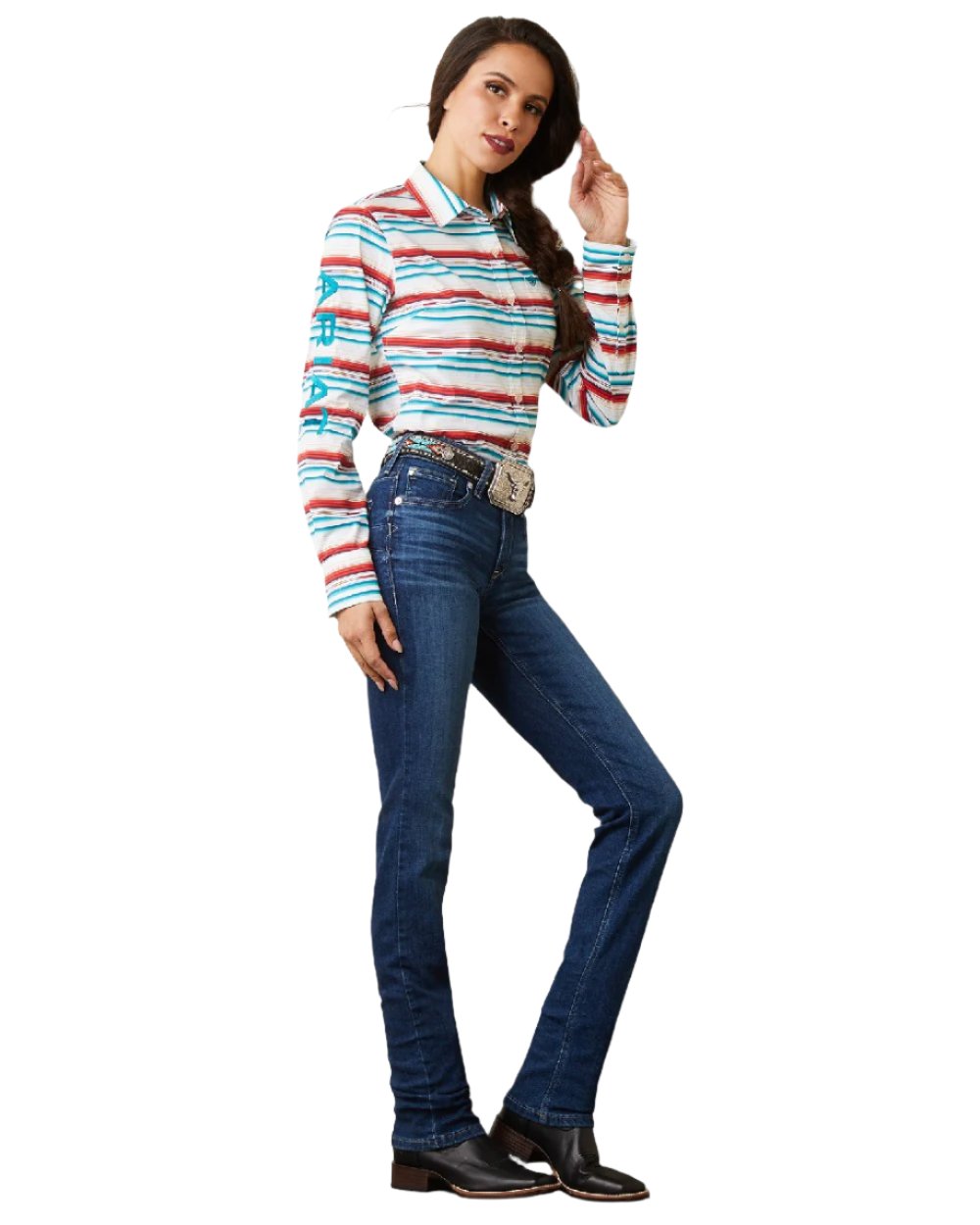 Rosa Serape coloured Ariat Womens Team Kirby Stretch Shirt on white background