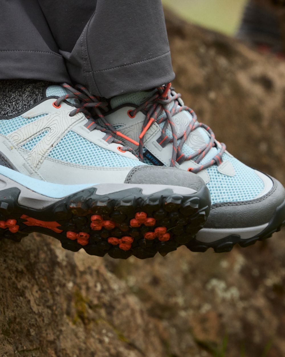 Blue Breeze coloured Ariat Womens Traverse Low Waterproof Hiking Shoes on outdoor background