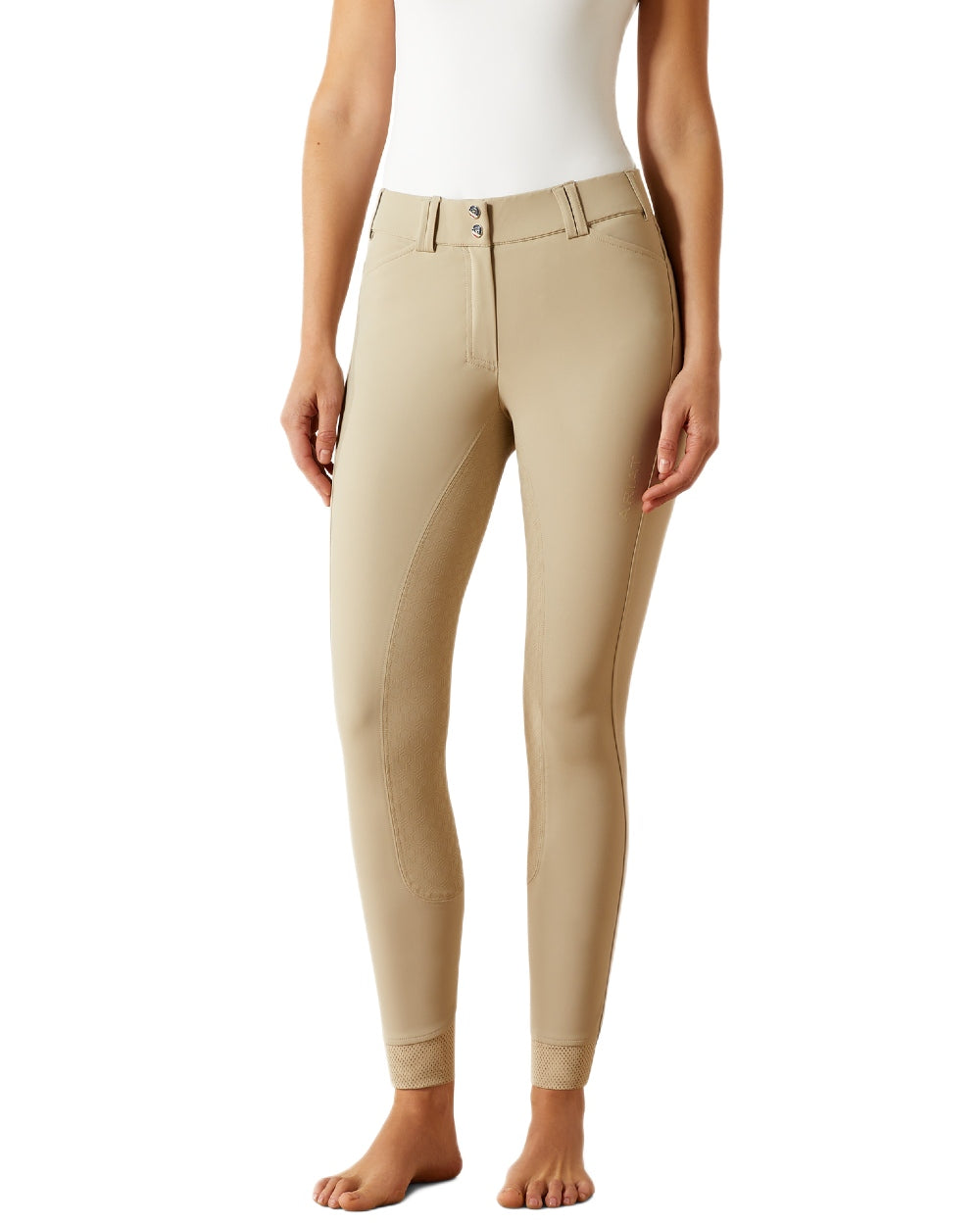 Olympia Tan coloured Ariat Womens Tri Factor Grip Full Seat Breeches on white background
