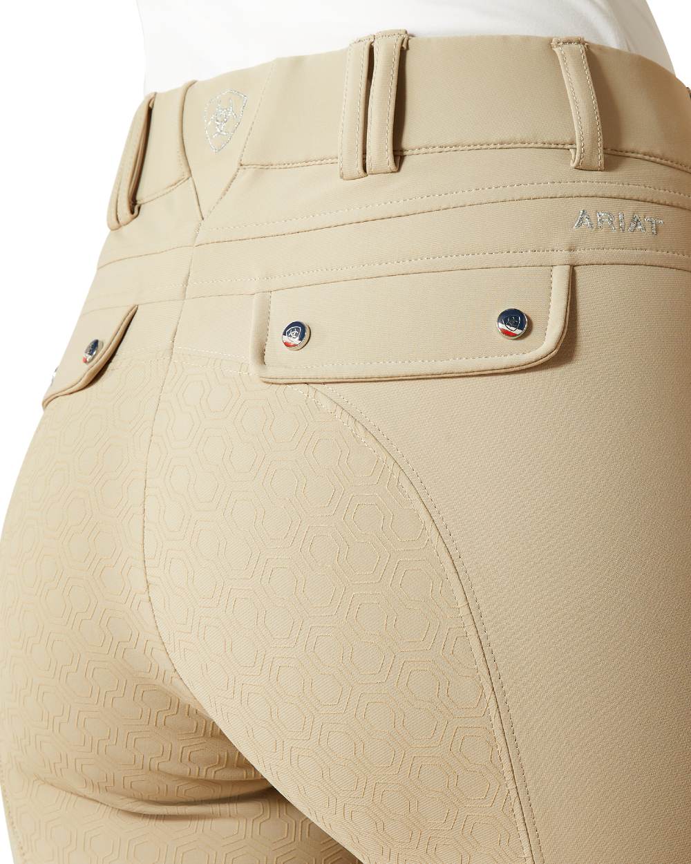 Olympia Tan coloured Ariat Womens Tri Factor Grip Full Seat Breeches on white background