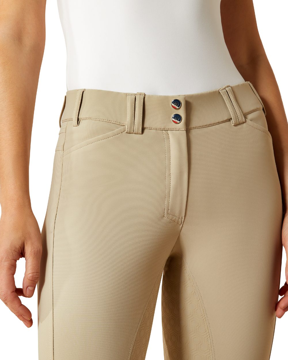 Olympia Tan coloured Ariat Womens Tri Factor Grip Full Seat Breeches on white background