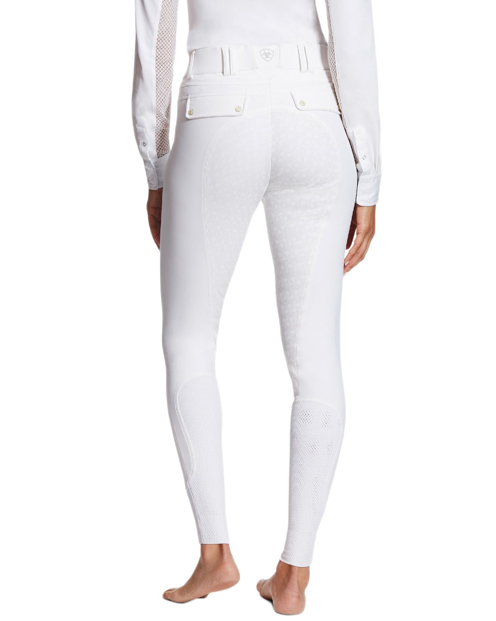 White coloured Ariat Womens Tri Factor Grip Full Seat Breeches on white background