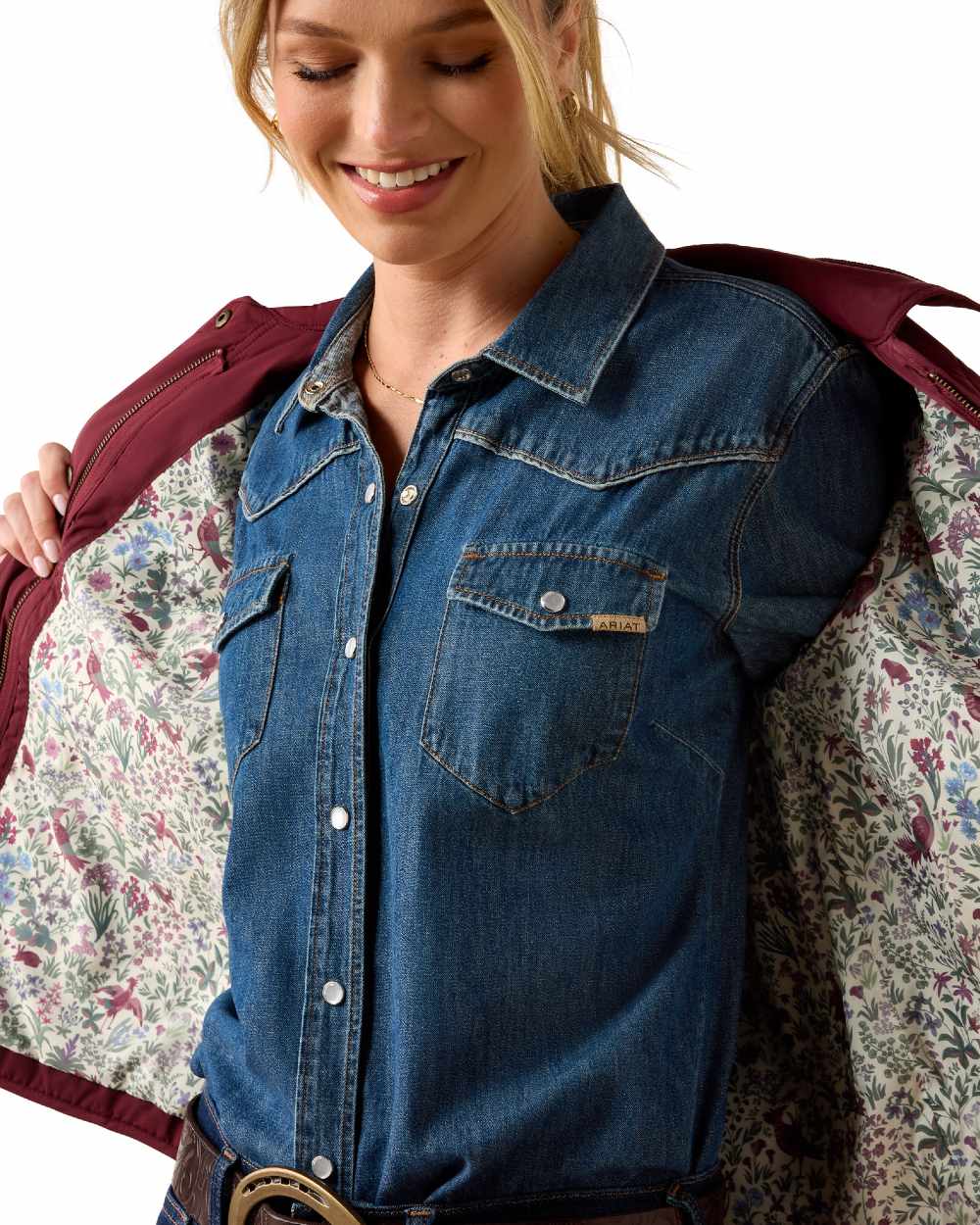Windsor Wine coloured Ariat Woodgate Jacket on white background