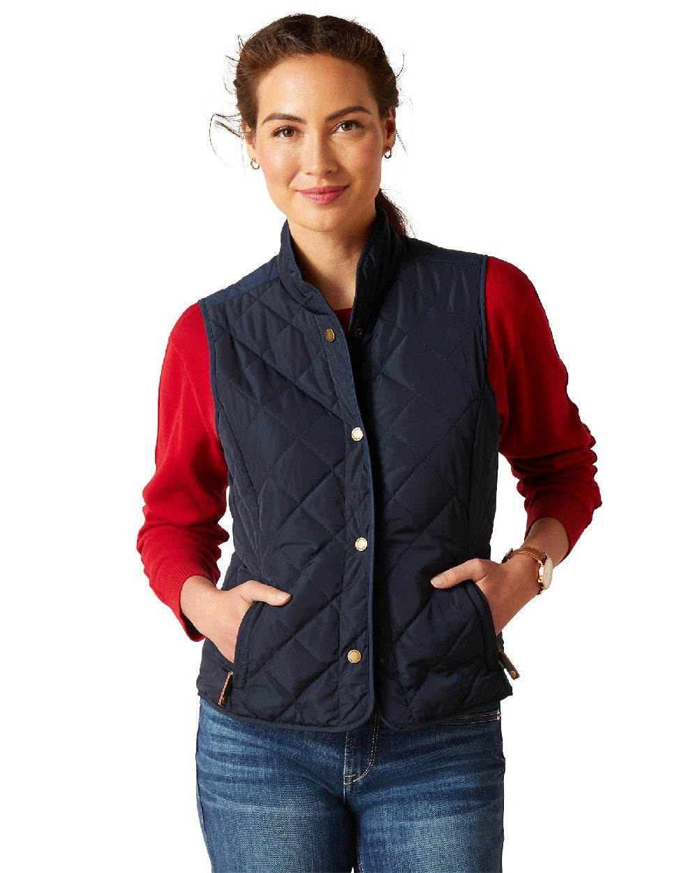 Navy Coloured Ariat Womens Woodside Quilted Gilet on white background
