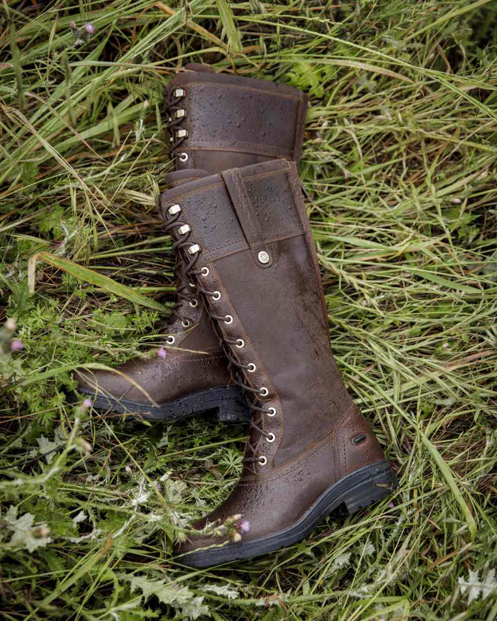 Tobacco Brown coloured Ariat Wythburn Waterproof Boots on field background