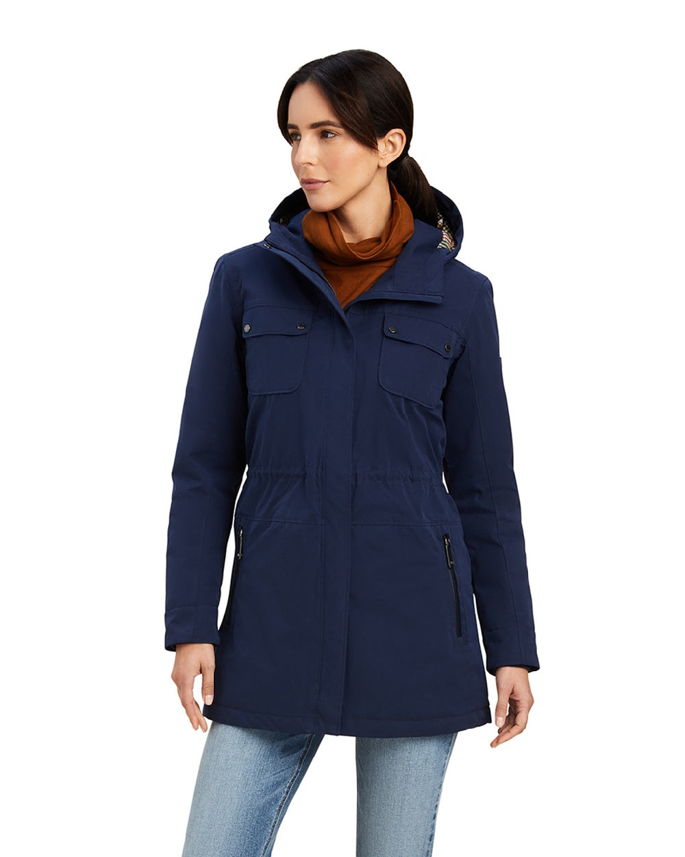 Navy Coloured Ariat Womens Argentium Waterproof Parka On A White Background