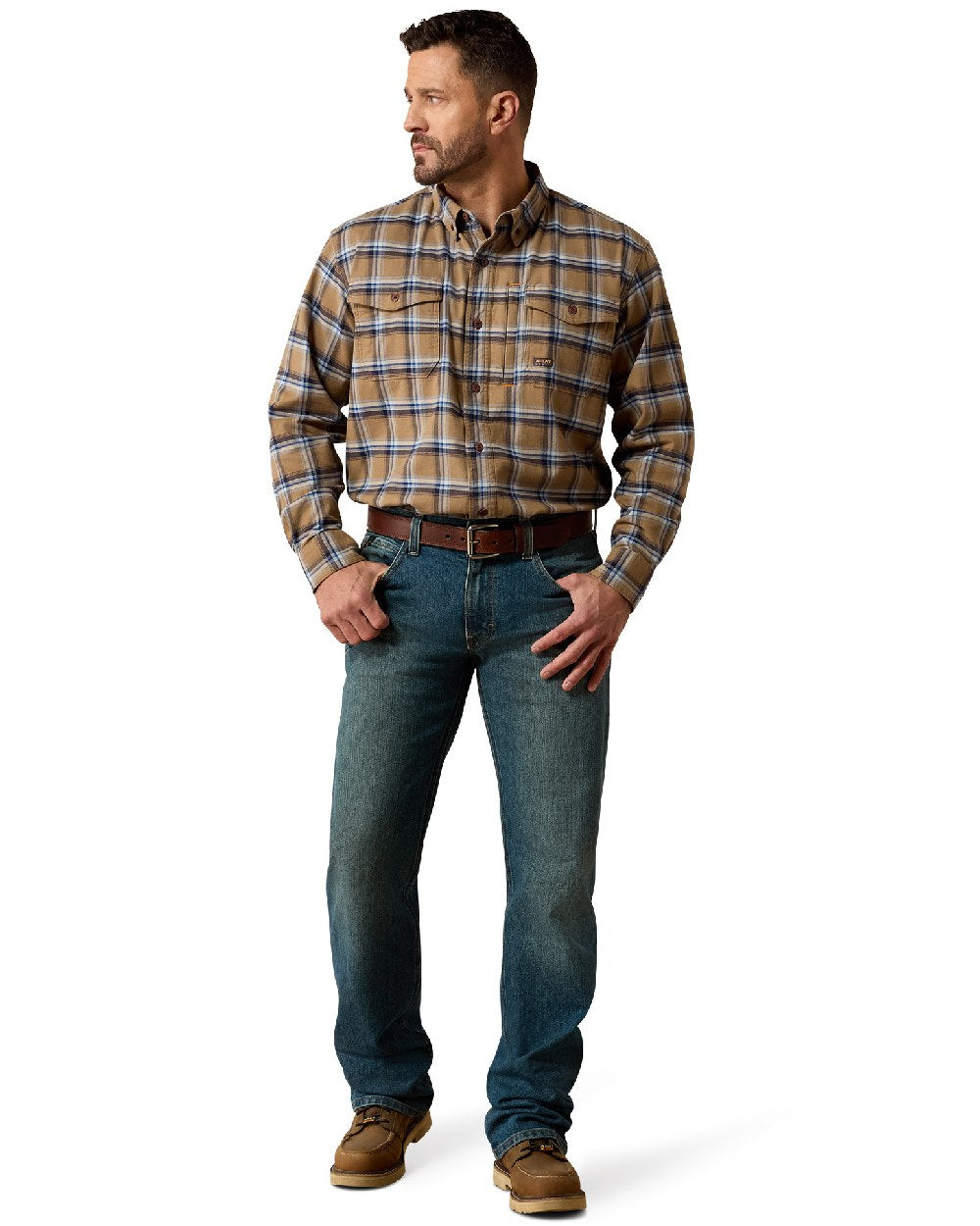Field Khaki coloured Ariat Mens Rebar Flannel Durastretch Long Sleeves Work Shirt on white background