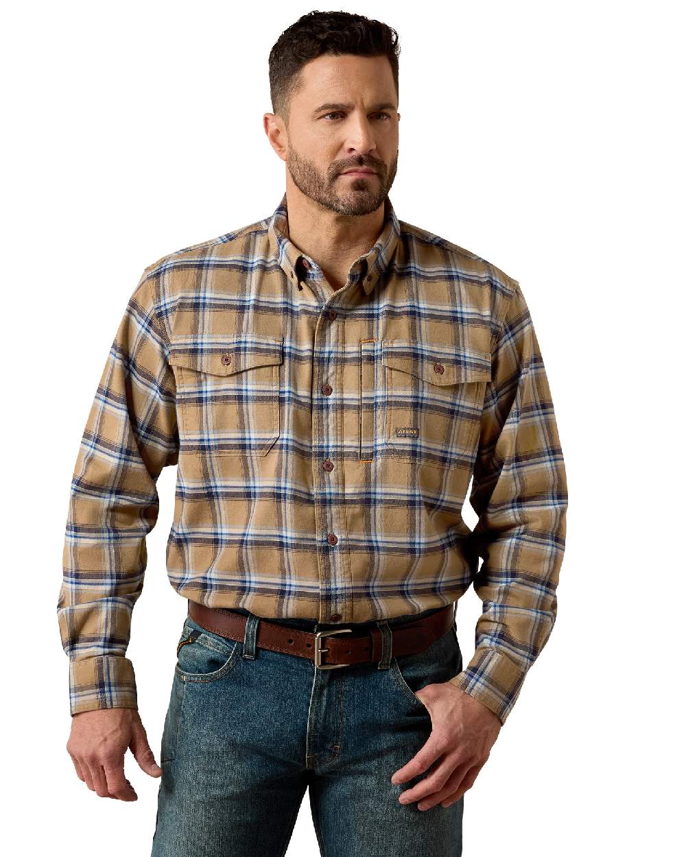 Field Khaki coloured Ariat Mens Rebar Flannel Durastretch Long Sleeves Work Shirt on white background