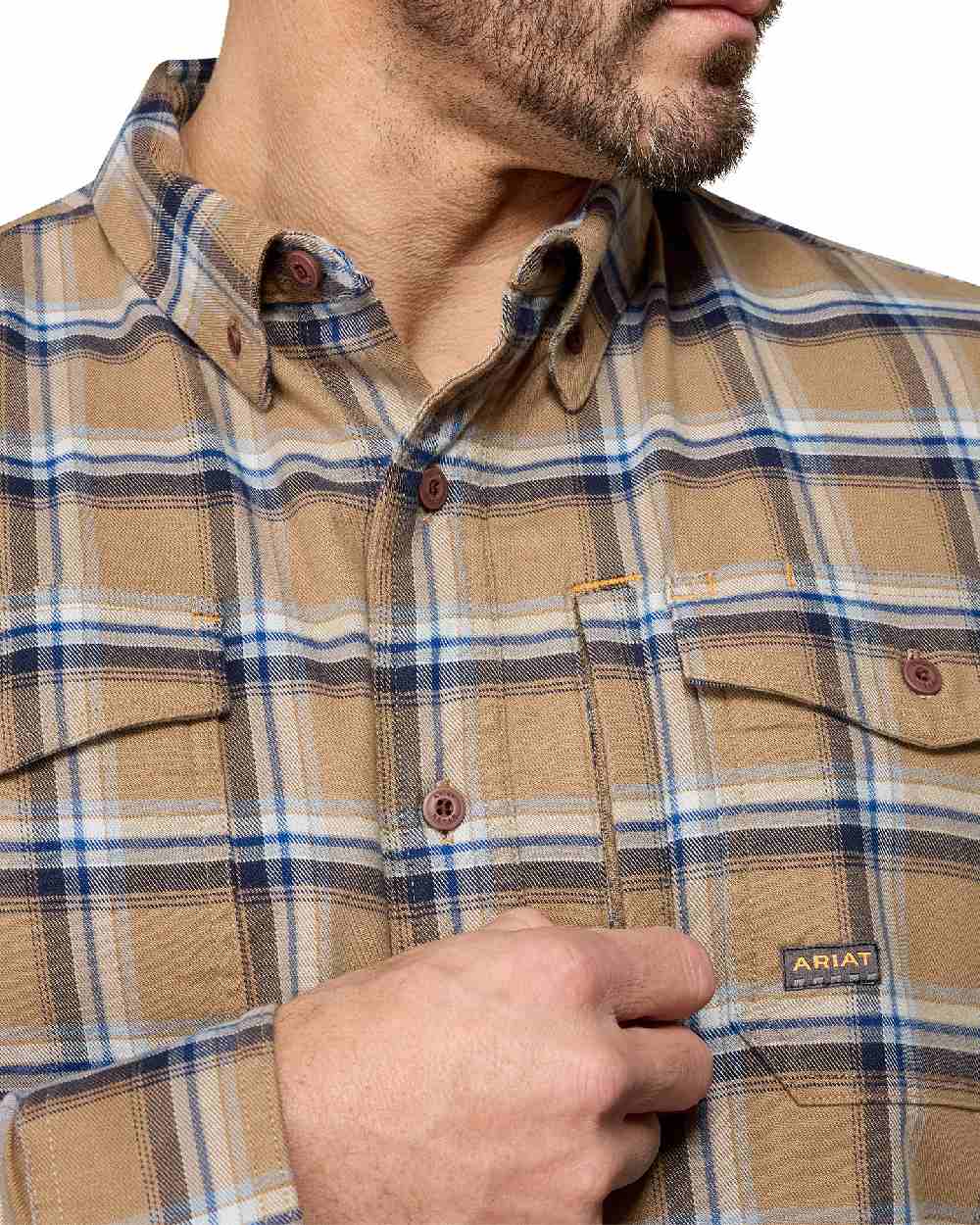 Field Khaki coloured Ariat Mens Rebar Flannel Durastretch Long Sleeves Work Shirt on white background