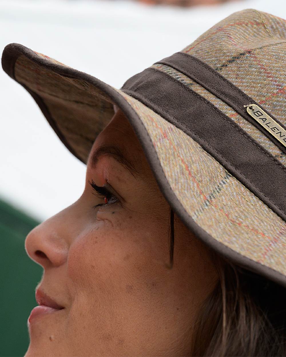 Check Khaki Coloured Baleno Caitlin Printed Tweed Hat on blurry background