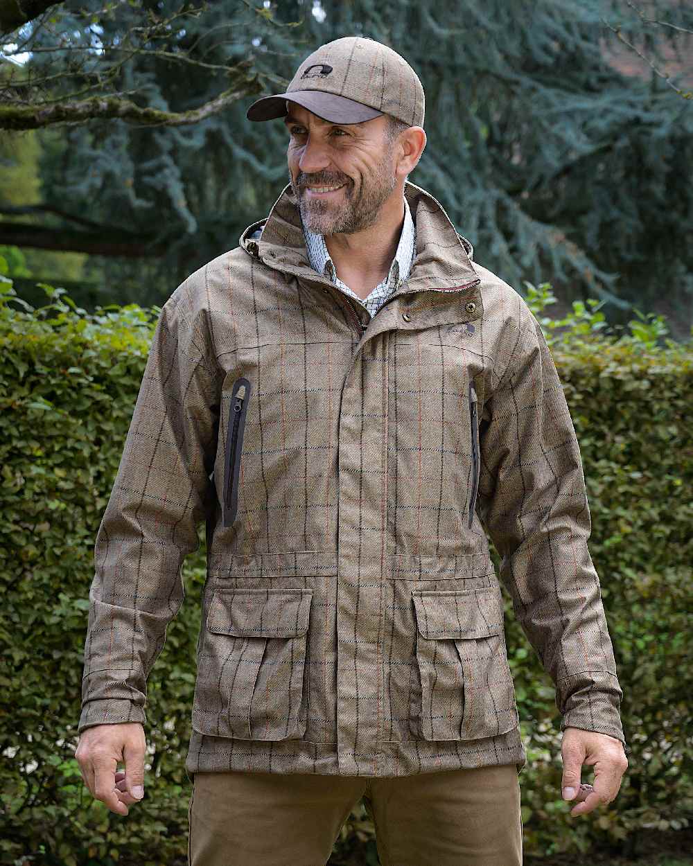 Check Khaki Coloured Baleno Edward Printed Tweed Cap on garden background