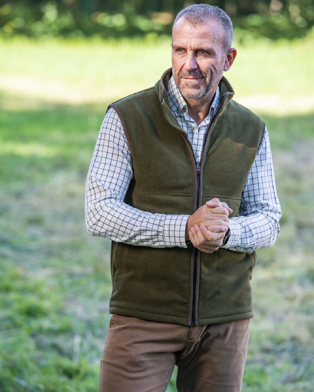 Khaki Coloured Baleno Harvey Fleece Gilet on blurry background