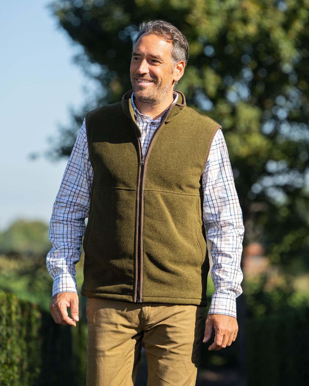 Olive Coloured Baleno Harvey Fleece Gilet on blurry background