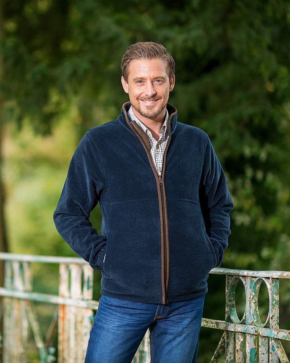 Navy Blue Coloured Baleno Henry Fleece Jacket on blurry background