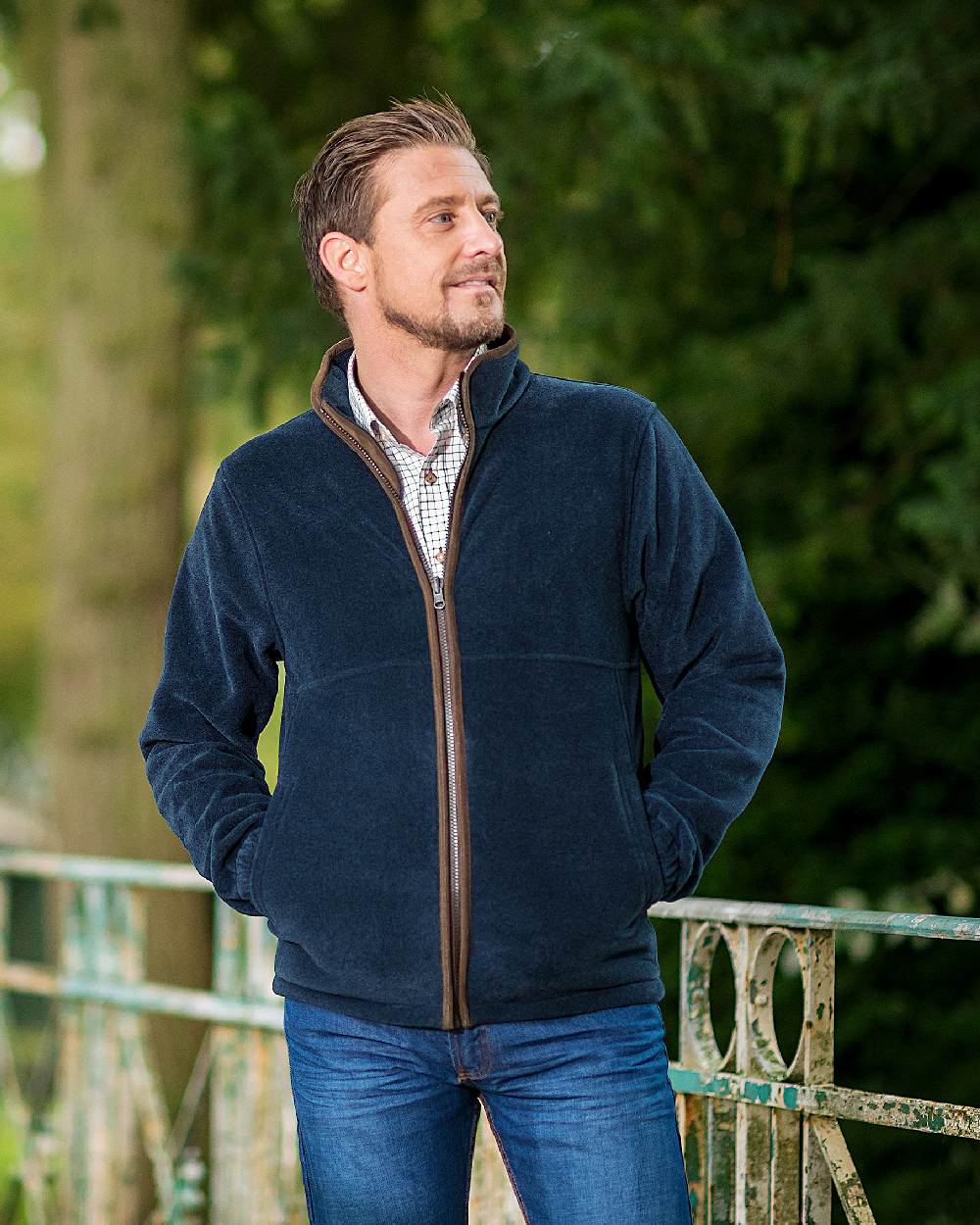Navy Blue Coloured Baleno Henry Fleece Jacket on blurry background