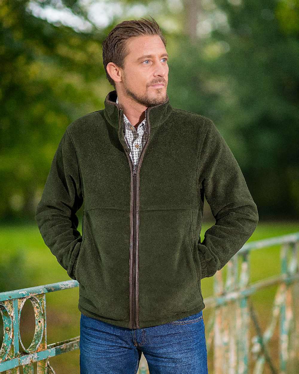 Olive Coloured Baleno Henry Fleece Jacket on blurry background