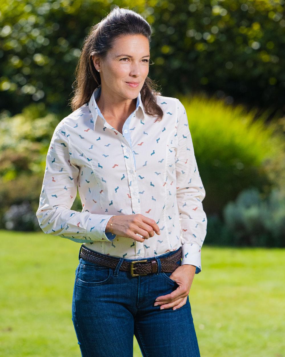 Dashound Print Coloured Baleno Mary Shirt on blurry backgroud